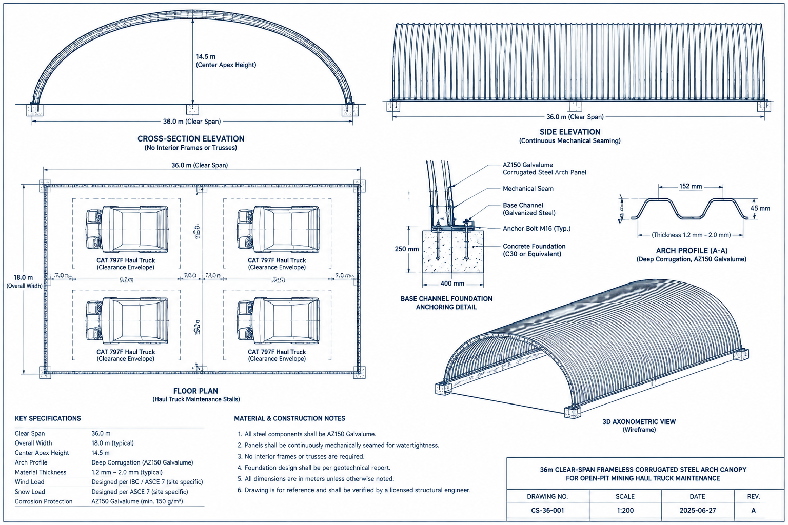 Frameless corrugated steel arch structural concept drawing