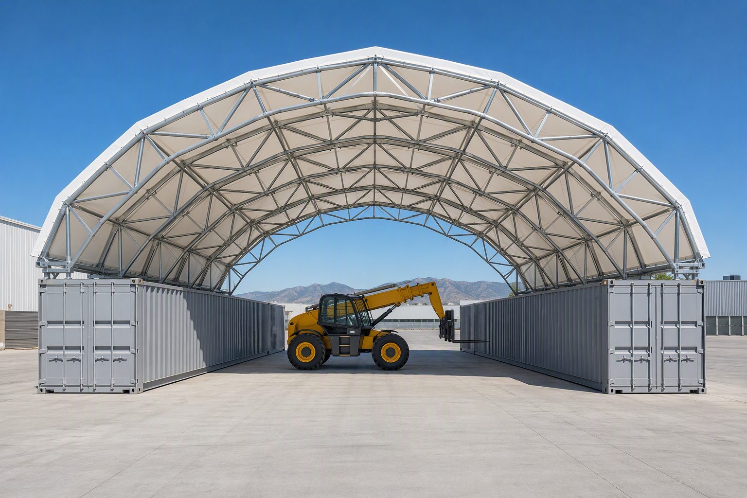 Fabric canopy mounted on ISO container side walls