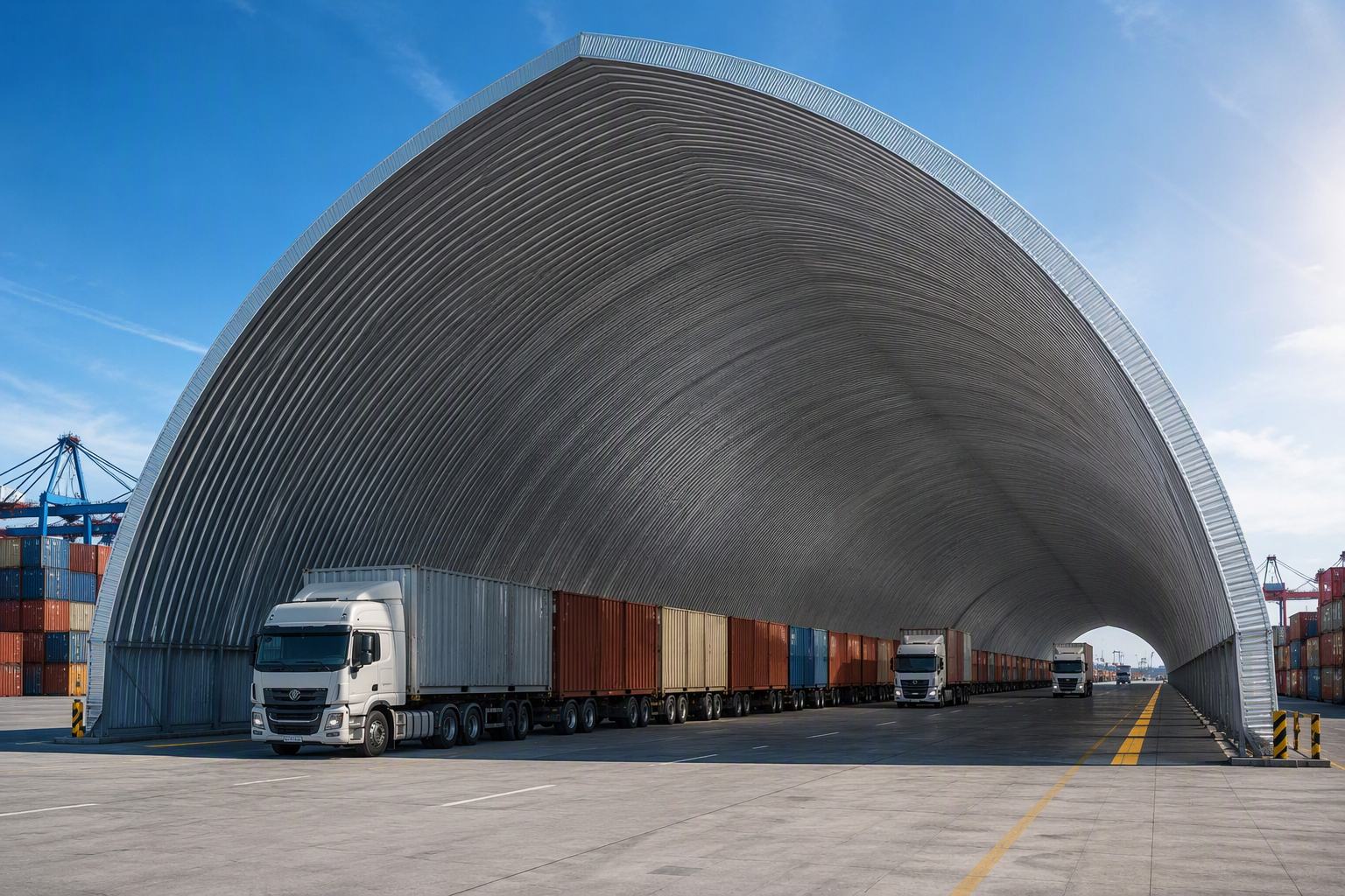 Interior View of Frameless Corrugated Steel Arch Buildings Canopy