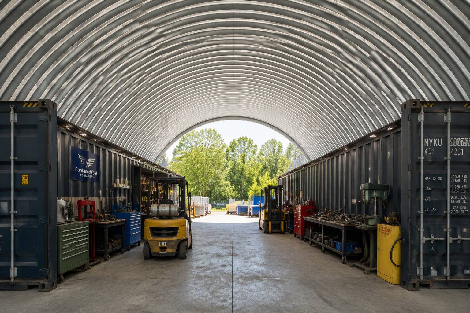 18m (60ft) Ultra-Wide Frameless Corrugated Steel Arch Depot - 40ft Container Base
