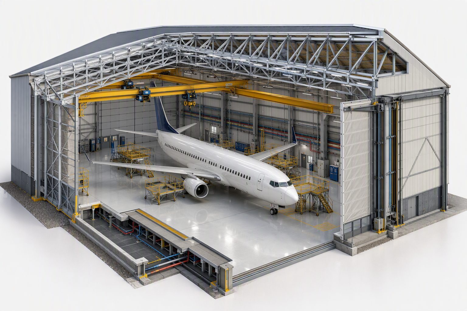 Detailed 3D Structural Cutaway of Aircraft Maintenance Hangar